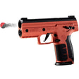 An orange Byrna SD Pepper Non-Lethal Self-Defense Projectile Gun firing a pepper projectile