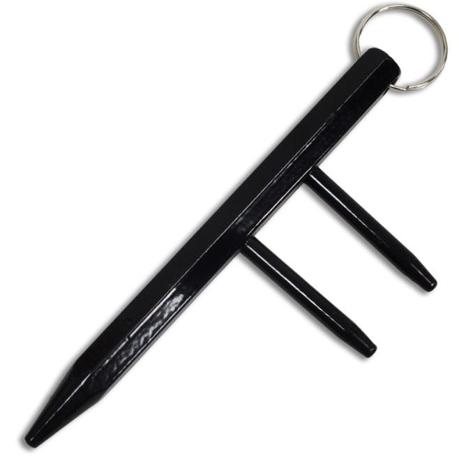 Steel Keychain Kubotan w/ Finger Spikes 5.5'' Black