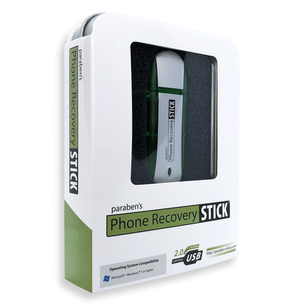 Green and Silver Paraben Android File & Data Recovery USB Stick in a packaging