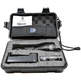 Opened case of complete set of 6 inch Police Force Tactical L2 LED Flashlight with holster