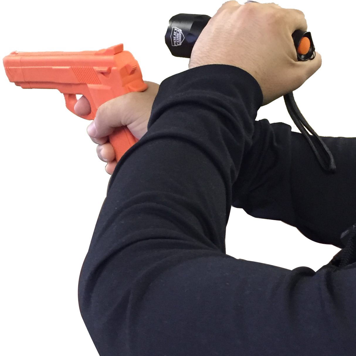Hands in a defensive stance, holding a 6 inch Police Force Tactical L2 LED Flashlight and fake gun