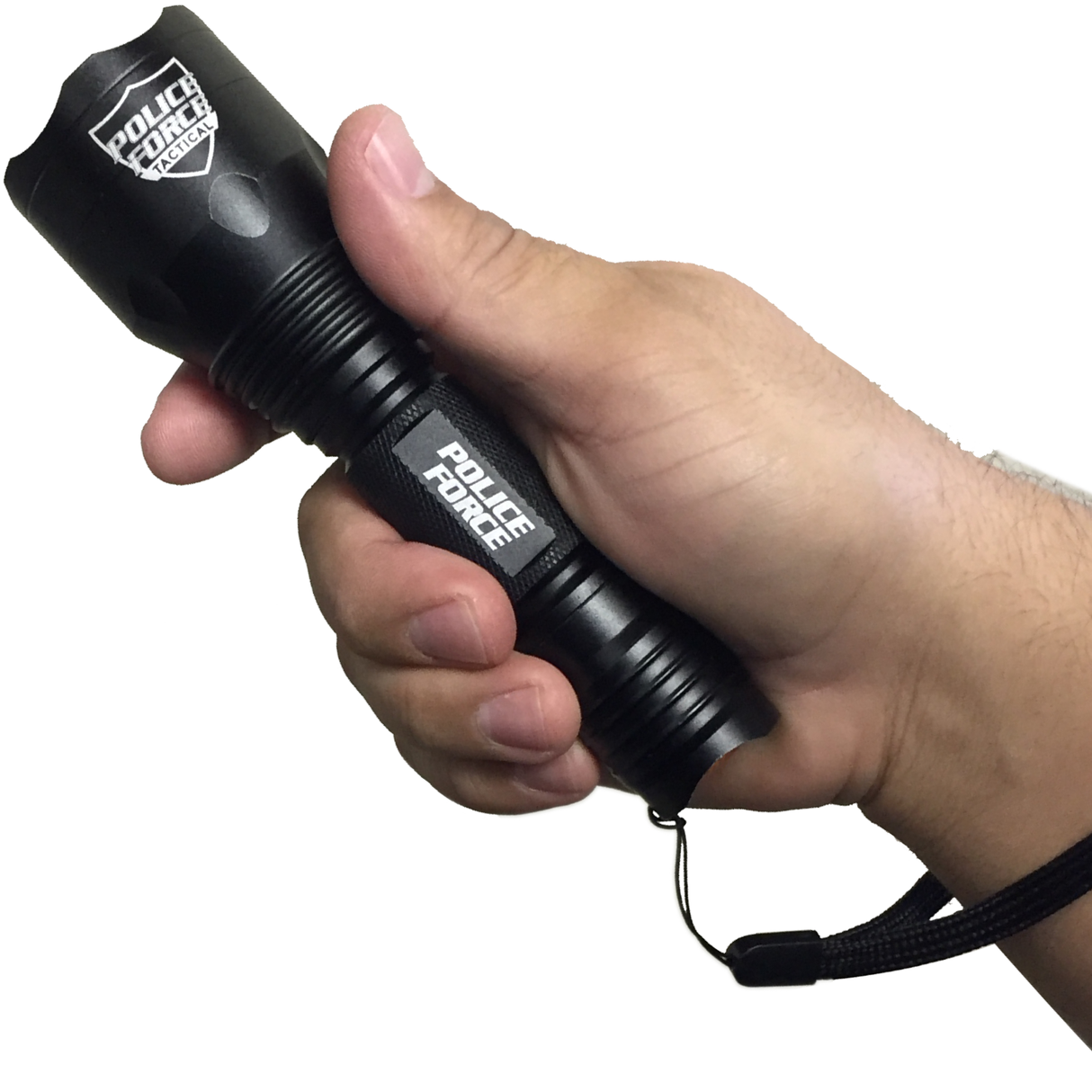 A hand holding a 6 inch Police Force Tactical L2 LED Flashlight
