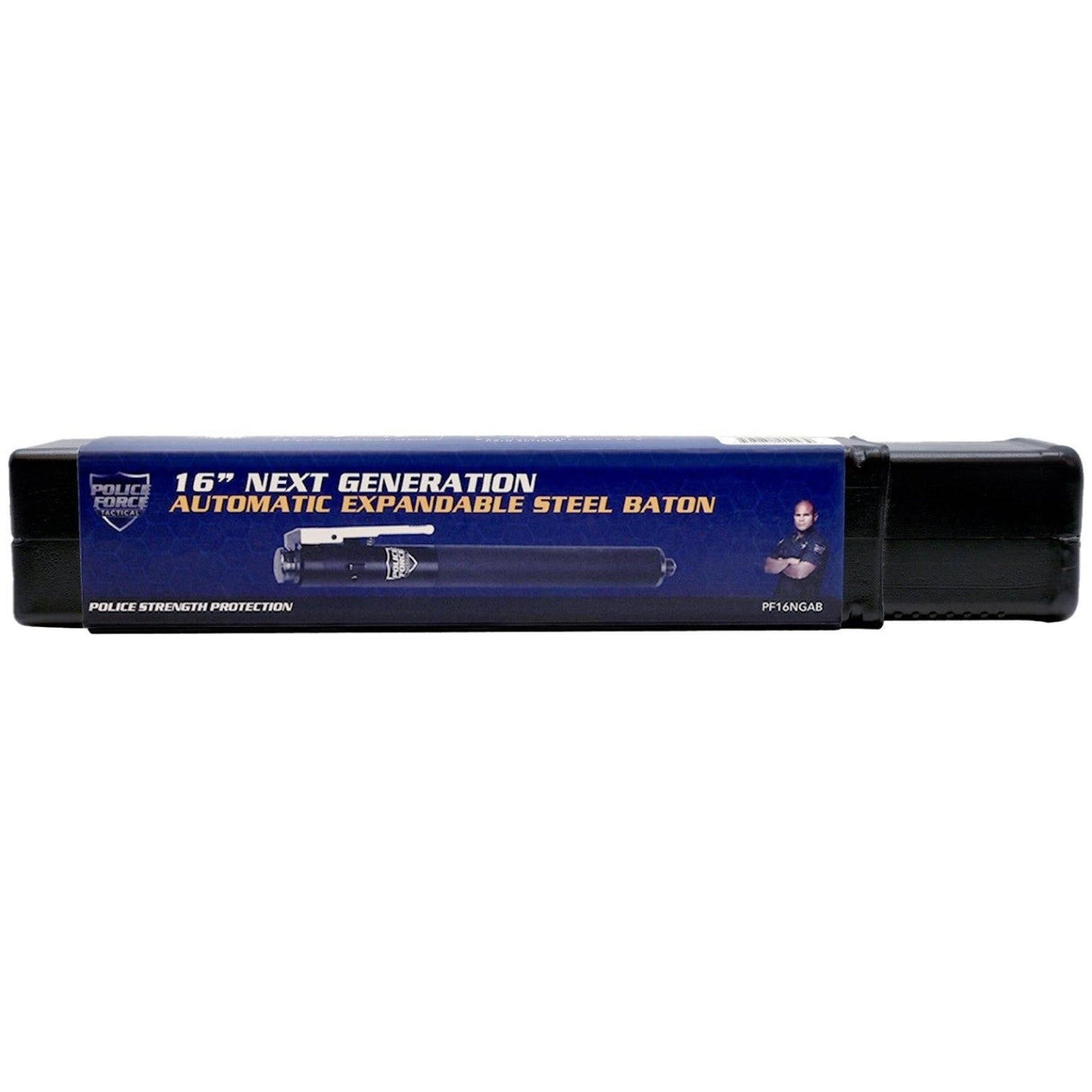16" Police Force Tactical Automatic Expendable Steel Baton in a packaging