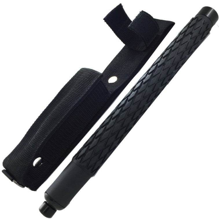 31 inch Police Force Tactical Expandable Solid Steel Baton retracted next to its black nylon belt sheath