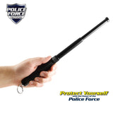 A hand holding an extended 12" Police Force Tactical Expandable Steel Keychain Baton