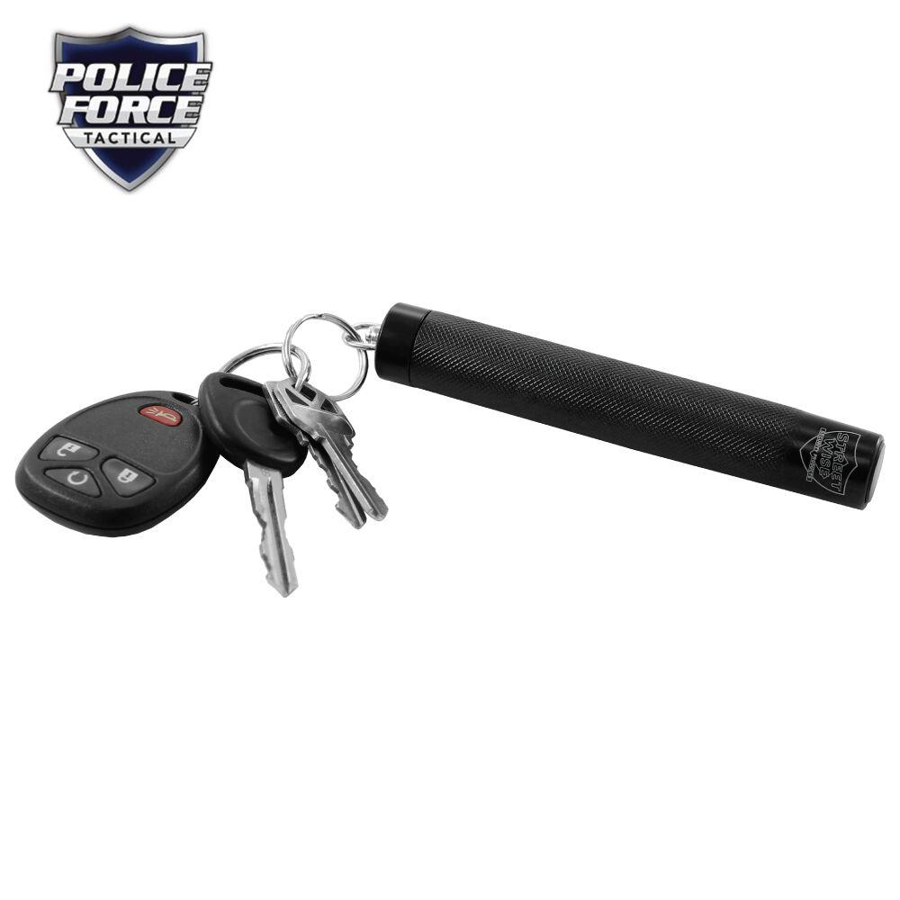 A retracted 12" Police Force Tactical Expandable Steel Keychain Baton with keys attached