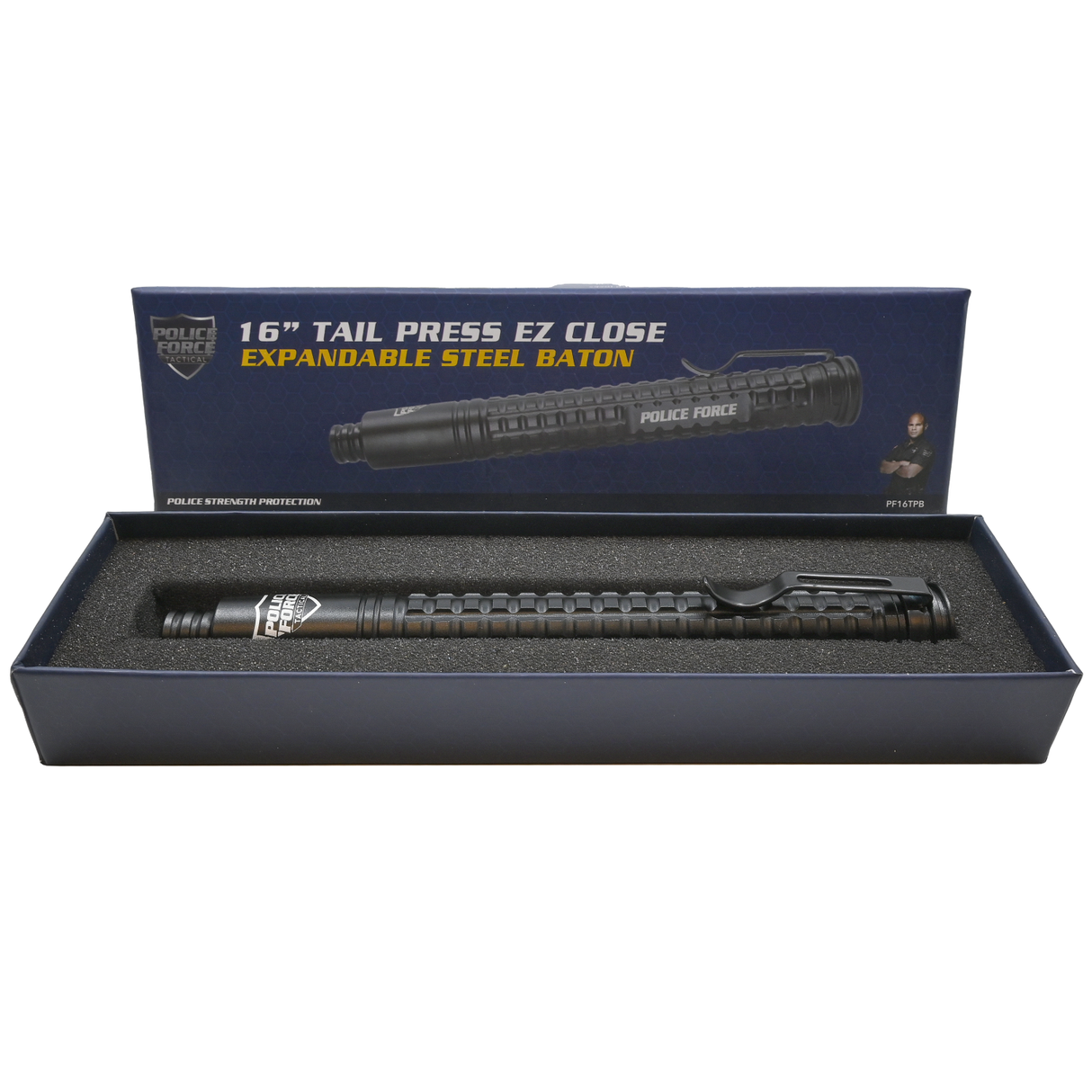 16" Police Force Tactical Push Button EZ Close Expandable Steel Baton  in a packaging