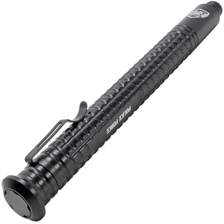 A close up view of a retacted Police Force Tactical Push Button EZ Close Expandable Steel Baton 21"