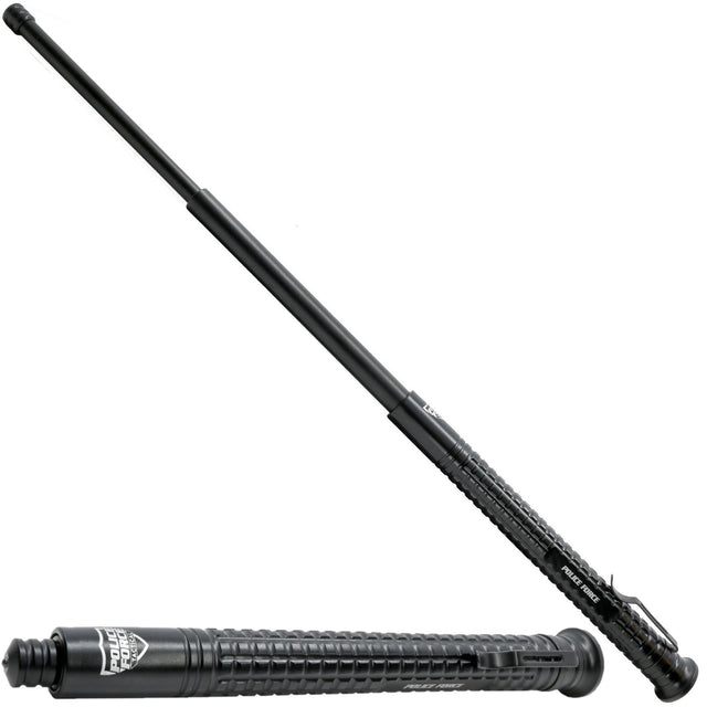 Black 21" Police Force Tactical Push Button EZ Close Expandable Steel Baton in extended and collapsed form