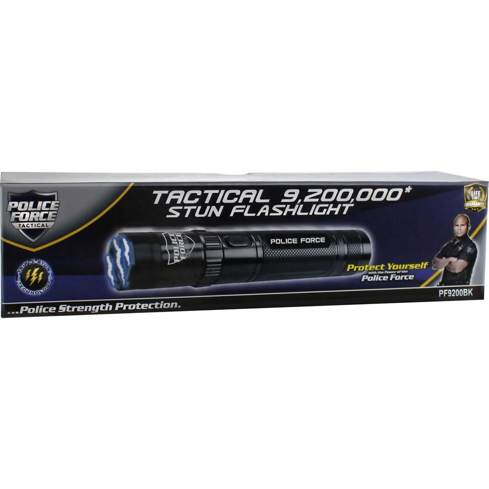 Police Force Tactical Rechargeable Stun Gun Flashlight 9.2M in a packaging