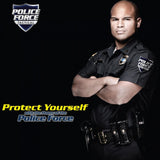 A promotional image of a policeman for Police Force Tactical Rechargeable Stun Gun Flashlight 9.2M 