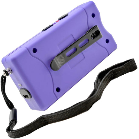 A backview of purple 98M JOLT Mini Rechargeable LED Triple Stun Gun with wrist strap and pocket clip showing