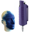 A purple keychain pepper spray alongside a mannequin head with blue dye markings.