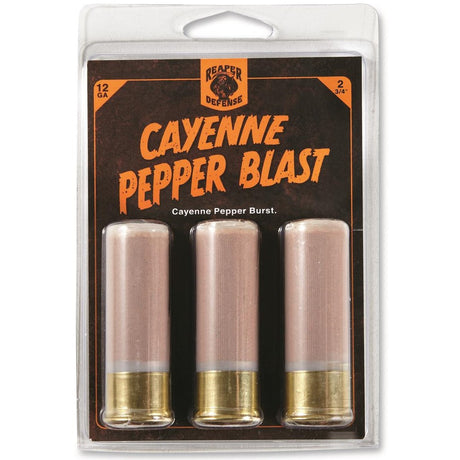 Packaging of 3 piece Reaper Defense Group Cayenne Pepper Blast 12 Gauge Ammo 