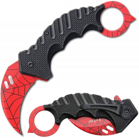 1.5 inch ElitEdge Steel Karambit Folding Pocket Knife with a black handle and a red, spiderweb-patterned blade, shown open and folded