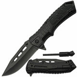 A black Rite Edge 3-In-1 EDC Folding Survival Pocket Knife with a blade extended, alongside a firestarter and whistle