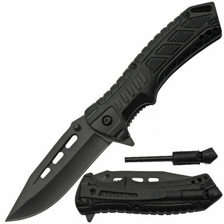 A black Rite Edge 3-In-1 EDC Folding Survival Pocket Knife with a blade extended, alongside a firestarter and whistle