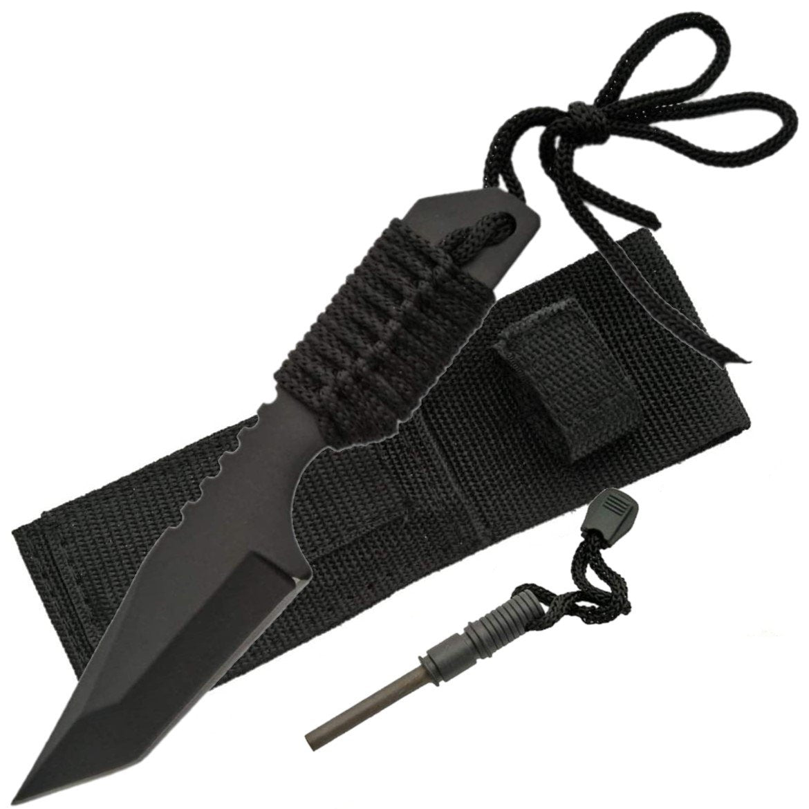 Black Rite Edge Outdoor Survival Tanto Knife with paracord-wrapped handle,  with its sheath and included fire starter