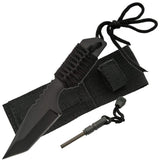 Black Rite Edge Outdoor Survival Tanto Knife with paracord-wrapped handle,  with its sheath and included fire starter
