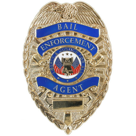 Gold Rothco Bail Enforcement Agent Shield Badge featuring text 'BAIL ENFORCEMENT AGENT' and an emblem with an American flag.
