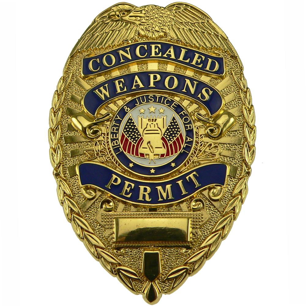 Gold Rothco Concealed Weapons Permit Shield Badge with a pin back, featuring the text 'CONCEALED WEAPONS PERMIT' surrounded by an emblem and decorative border.