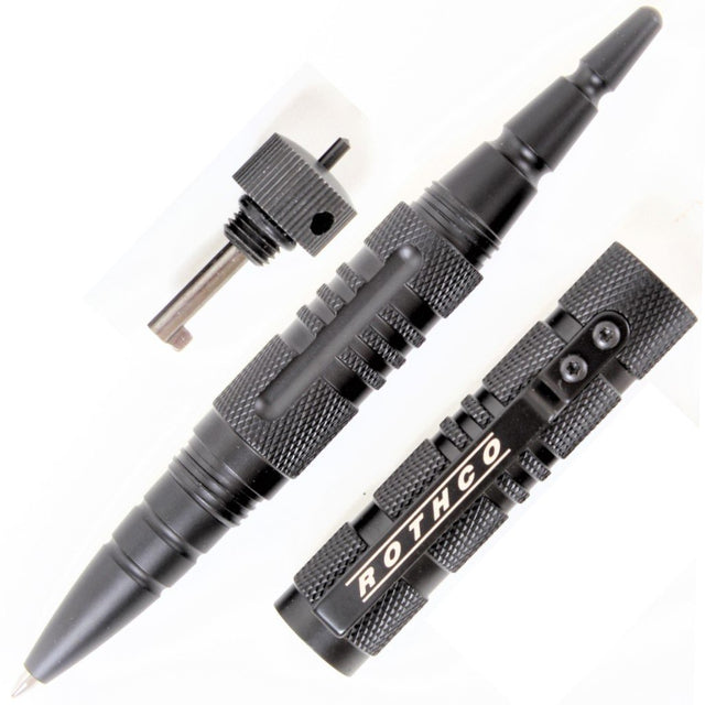 A black Rothco Glass Breaker Tactical Pen with pressure point striking tip and glass breaker feature, alongside a hidden handcuff key.