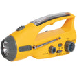 A yellow Rothco Powered Emergency Flashlight Radio with a built-in solar panel on top and handle.