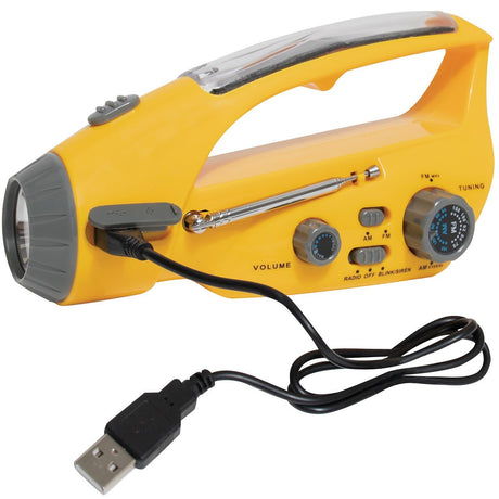 Yellow Rothco Solar & Handcrank Powered Emergency Flashlight Radio connected to its USB Charging Cord