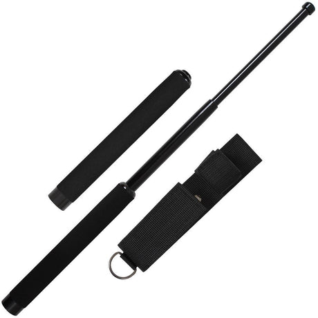 Extended Solid Steel Expandable Baton in both extend and retracted state next to its black nylon holster