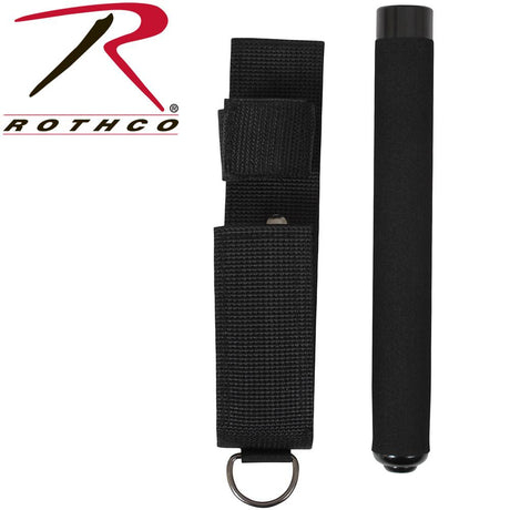 21" Black Rothco Solid Steel Expandable Baton in its collapsed form next to its black Nylon Holster 