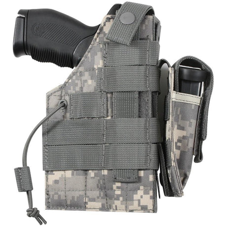 A pistol inserted to a camouflage Rothco Tactical Nylon Pistol Belt Holster 