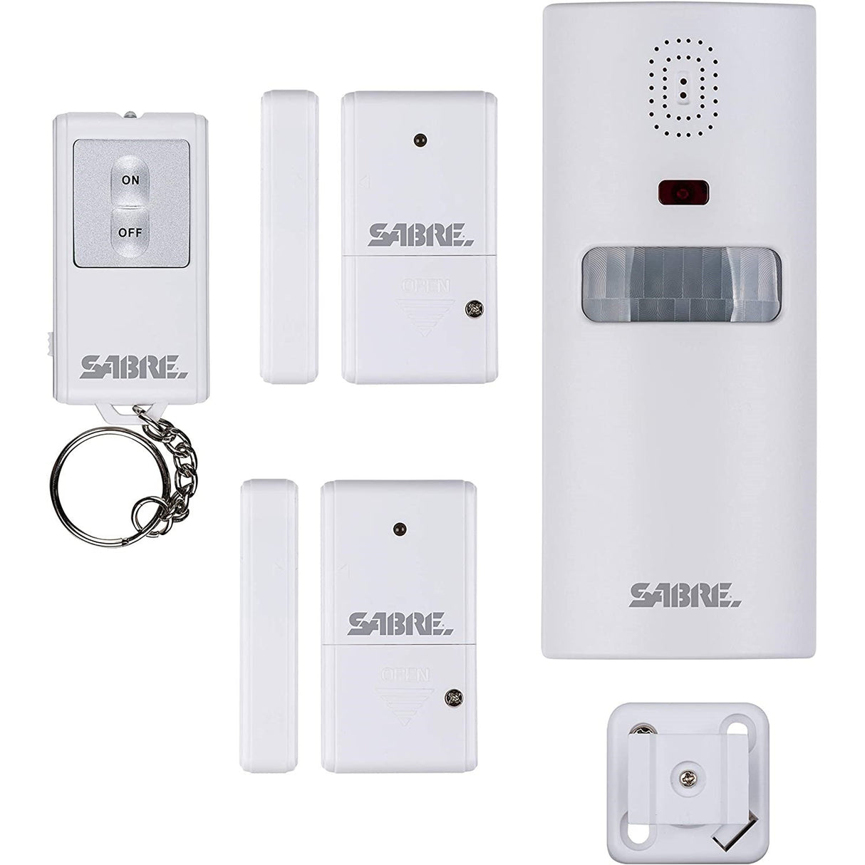 A wireless home security alarm system by SABRE, including a motion sensor alarm, windor/door sensors, key fob remote, and associated mounting hardware for motion sensor all in white color