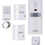 A wireless home security alarm system by SABRE, including a motion sensor alarm, windor/door sensors, key fob remote, and associated mounting hardware for motion sensor all in white color