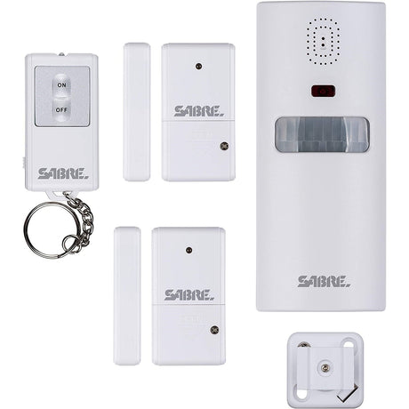 A wireless home security alarm system by SABRE, including a motion sensor alarm, windor/door sensors, key fob remote, and associated mounting hardware for motion sensor all in white color