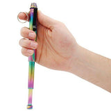 Hand holding a multi-colored 12" Safety Tech Expandable Steel Keychain Baton partially extended