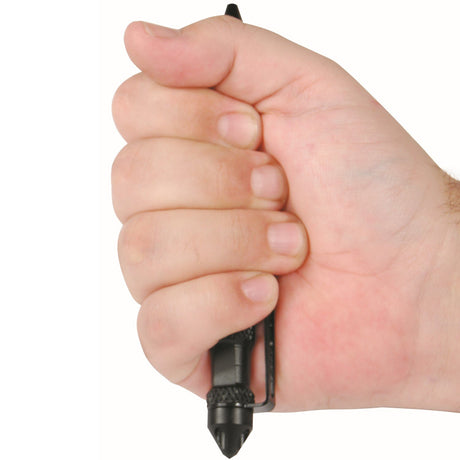 Hand holding the Safety Tech Glass Breaker Carbide Tip Refillable Tactical Pen