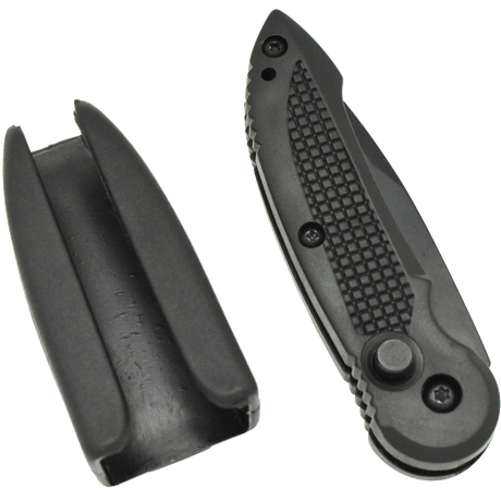 Folded Black Spring Assisted Stainless Steel EDC Folding Pocket Knife with its plastic holster