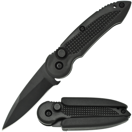 Black Spring Assisted Stainless Steel EDC Folding Pocket Knife shown both folded and open