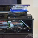 SpyWfi™ Blu-Ray Player Hidden Night Vision Spy Camera 4K UHD WiFi on a tv rack surface with DVDs piled on top of it
