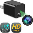 A black USB wall charger with a hidden camera lens with motion detection and HD 1080p