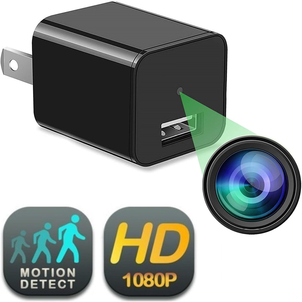 A black USB wall charger with a hidden camera lens with motion detection and HD 1080p