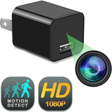 A black USB wall charger with a hidden camera lens with motion detection and HD 1080p