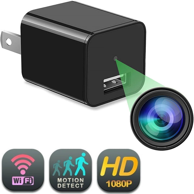A black USB wall charger with a hidden camera lens with motion detection, HD 1080p and wifi connection