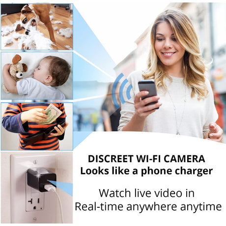 A woman watching real time house monitoring from SpyWfi USB Wall Charger Motion Detection Hidden Spy Camera 1080p HD WiFi through a smarthphone