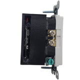 Side view of SpyWfi Working Plug Outlet Hidden Motion Detection Spy Camera 4K UHD WiFi exposing the sd card slot and usb port