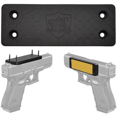 Black Streetwise magnetic gun mount with four screw holes, shown how it attaches magnetically to the side or top of a handgun