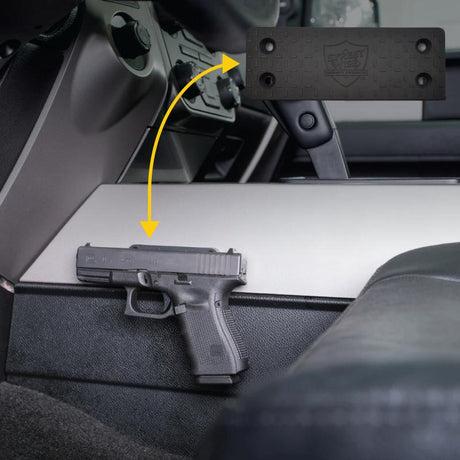 Streetwise Magnetic Gun Mount installed securely inside the car with handgun attached