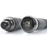 Close-up of the two metal ends of the 21" Streetwise Dark Knight Expandable Baton, one showing the glass breaker and the other showing the Street Wise logo