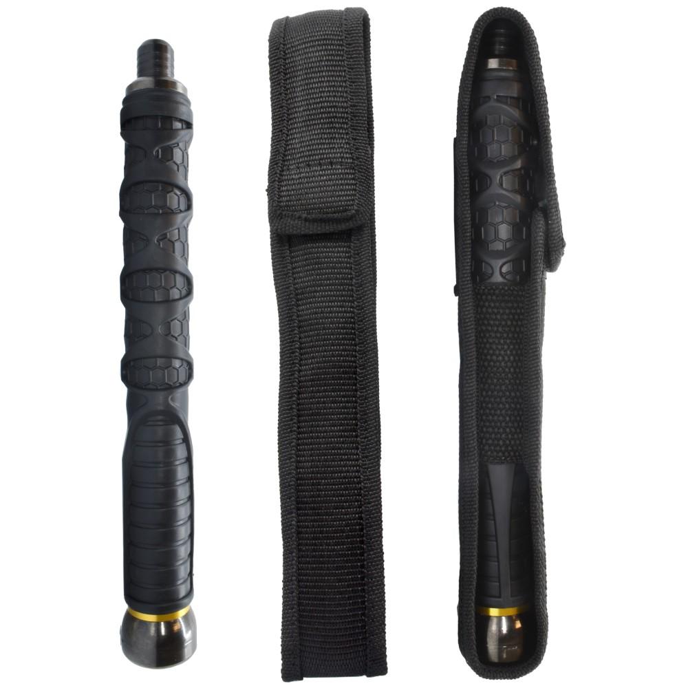 Three views of the 26" Streetwise Dark Knight Expandable Baton: collapsed, its nylon carrying sheath, and the baton inserted into the sheath