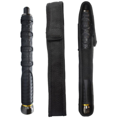 Three views of the 26" Streetwise Dark Knight Expandable Baton: collapsed, its nylon carrying sheath, and the baton inserted into the sheath